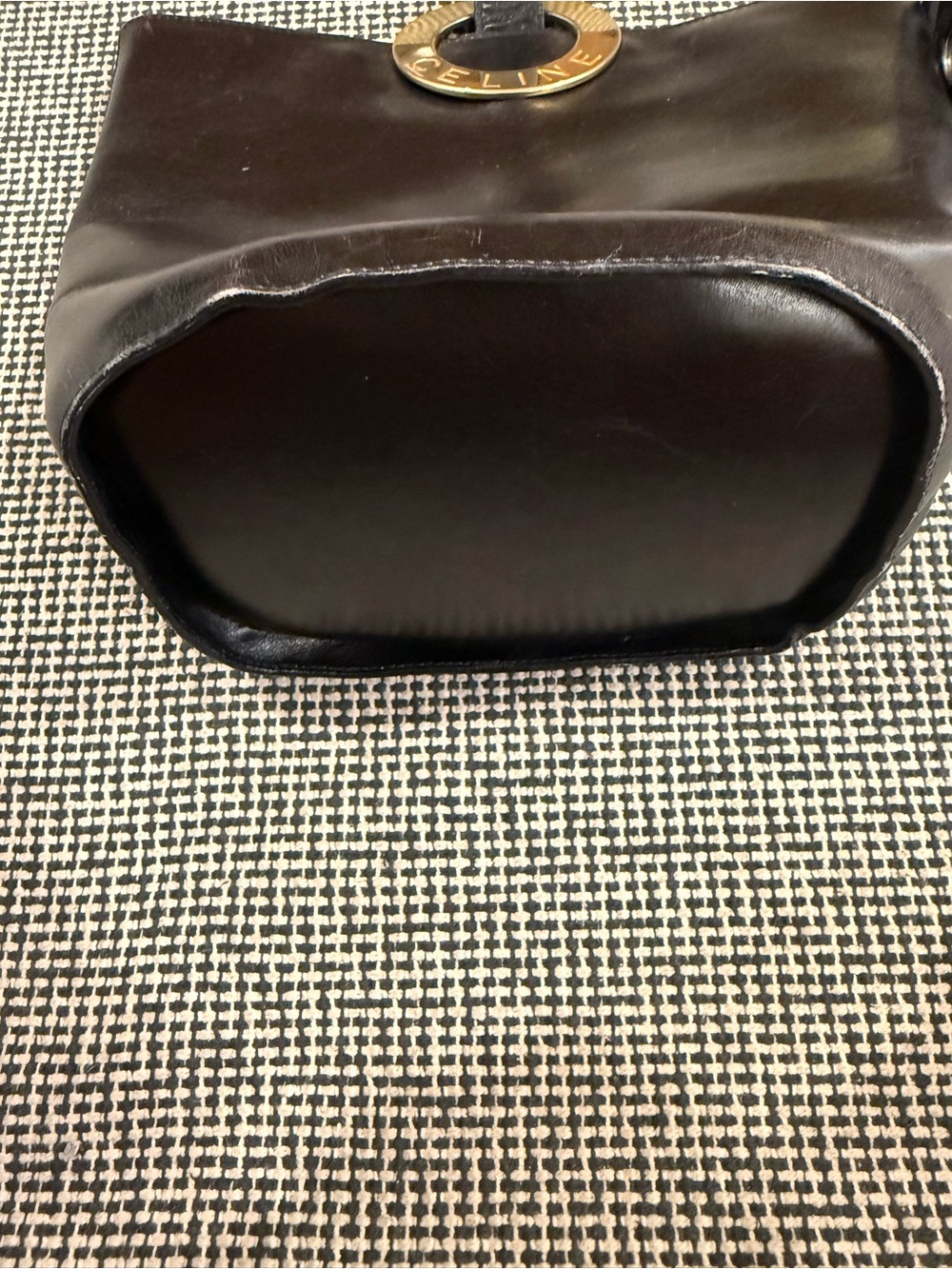 Celine Black Leather Shoulder Bag with Gold Logo O-Ring - Picture 5 of 13